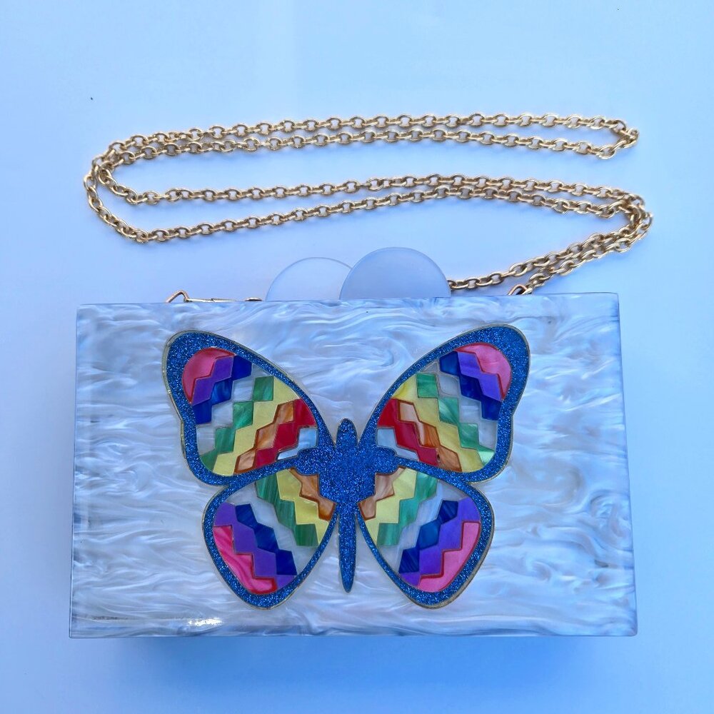 Elizabeth Sutton Collection Clutch Butterfly and Rainbow Acrylic Clutch Purse